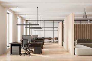 Stylish office interior with chill and coworking zone, panoramic window