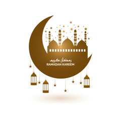 eid mubarak greeting card mosque of ramadan kareem or masjid and moon