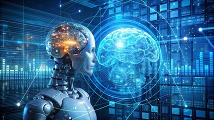 Naklejka premium Robot Ai big brain data analytics artificial intelligence