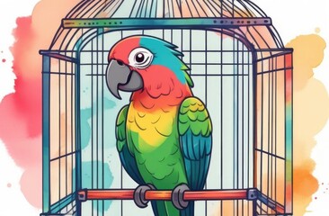Colorful watercolor illustration of a parrot in a cage place for text white background pet for pet shop