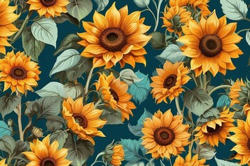pattern with sunflowers on a dark blue background. yellow petals and green stems