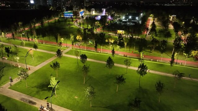 drone video with park and artesian fountain