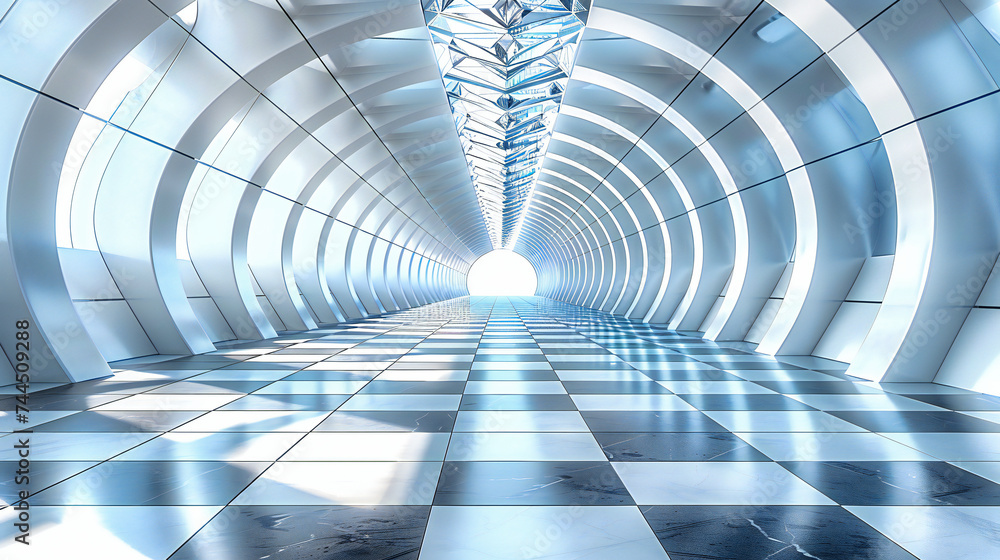 Poster a corridor leading into the future, where architecture and light create a path of innovation and mod