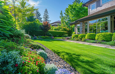 Naklejka premium Perfect manicured lawn and flowerbed with shrubs in sunshine, on a backdrop of residential house backyard