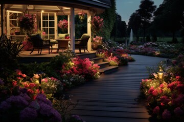 Beautiful suburban house patio with garden lights on a summer evening, outdoor relaxation