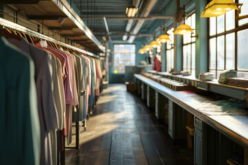 Vintage Clothing Store Interior with Warm Lighting.