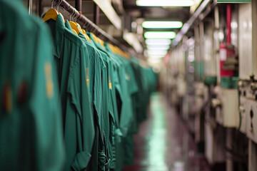 Green Work Uniforms Hanging in Industrial Laundry.