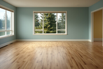 Modern Room with Hardwood Floor and Forest View.