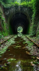 A Flooded and Abandoned Tunnel Covered with Foliage