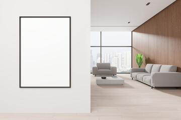 White and wooden living room interior with poster