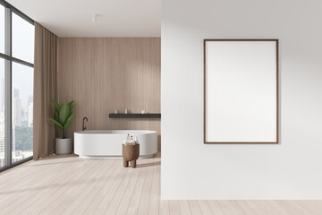 Fototapeta na wymiar White and beige bathroom interior with tub and poster