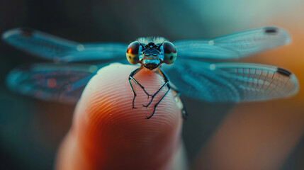 Macro photo of a blue dragonfly perched on a human - obrazy, fototapety, plakaty