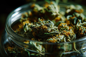 hairy dry marijuana buds in a jar - obrazy, fototapety, plakaty