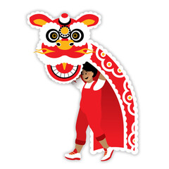 Happy child wearing a Chinese or Lunar New Year Lion dance costume
