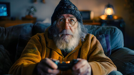 modern aging, older person playing video games, generative ai image - obrazy, fototapety, plakaty