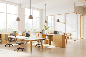 White coworking office corner with bookshelves