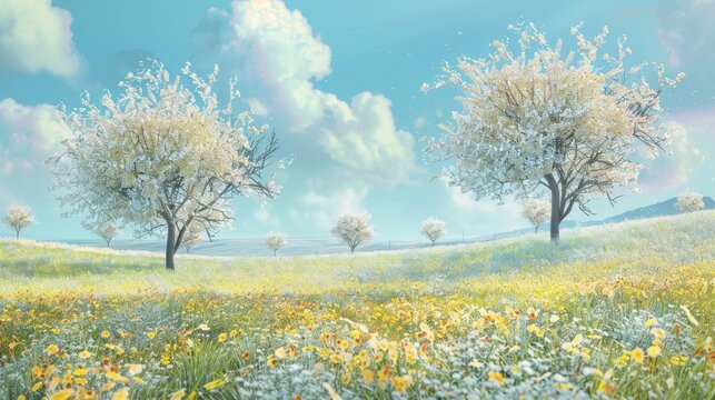 Spring Scene with Trees in the Field, in the Style of Digital Illustration Delicate Flowers Charm - Yellow and Aquamarine Nature Landscape Background created with Generative AI Technology