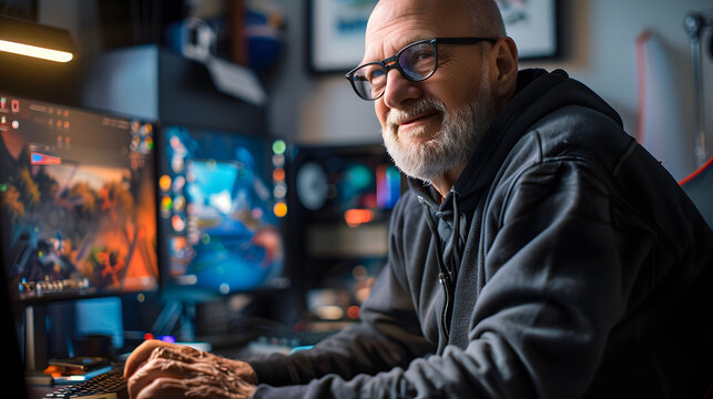 Man in his 50s playing computer games, generative ai image