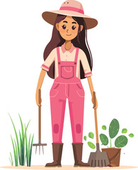 Flat vector illustration of a farmer girl with gardening tools and agricultural crops