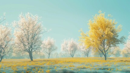 Fototapeta na wymiar Spring Scene with Trees in the Field, in the Style of Digital Illustration Delicate Flowers Charm - Yellow and Aquamarine Nature Landscape Background created with Generative AI Technology