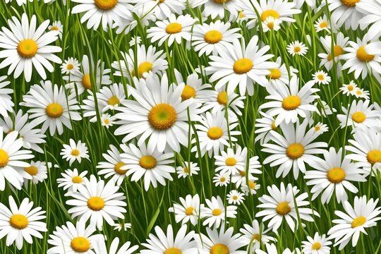 Spring green grass and daisies on a white background
