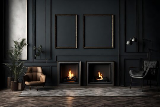 Mock up poster frame in dark interior background with fireplace, 3d render