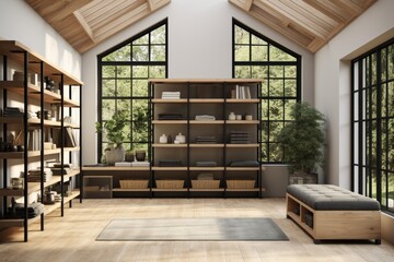 Sleek and modern dressing room interior with bright lighting and functional empty shelves