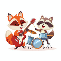 Funny Fox and Raccoon Character Playing Electric Gui