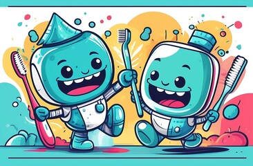 A cute friendly cartoon monster brushing his teeth. The monster is green with blue hair. White background.