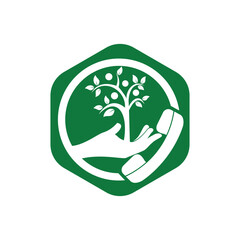 Nature call vector logo design. Handset and hand tree icon design template.