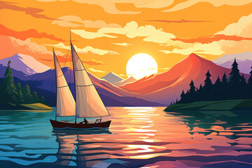 Fototapeta premium Sail Into Serenity: A Majestic Summer Voyage across the Blue Ocean with a Stunning Landscape Illustration of a Sailboat gracefully cutting through the waves, as the Ship sails towards the Horizon