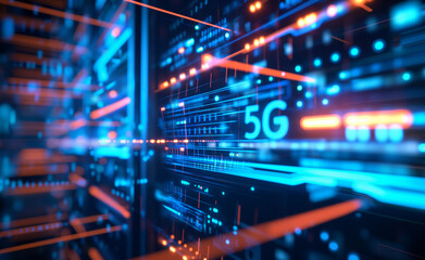 5G Illumination: Next-Generation Connectivity Unveiled. Next-Gen Wireless Technology Unveiled on High-Tech Server Canvas.