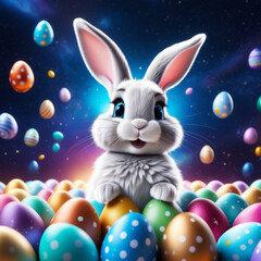 Fototapeta premium Cartoon Easter Bunny Takes Space Adventure. Adorable futuristic Bunny astronaut collect holiday eggs from sky