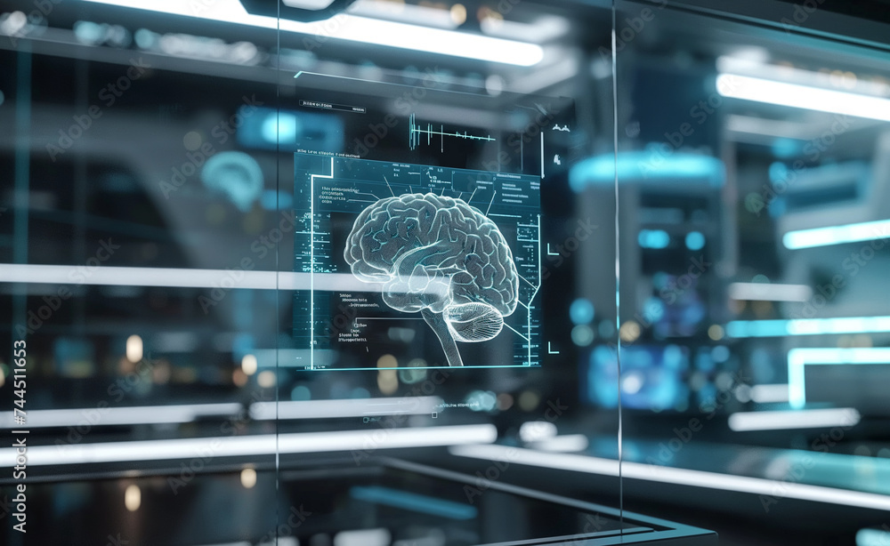 Poster futuristic brain study laboratory: exploring neurological data in the modern era