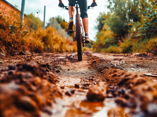 Mountain Biker Riding on Muddy Trail in Autumn Forest
