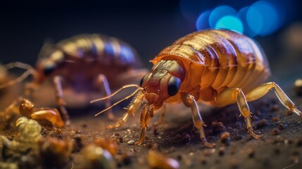 a group of animal fleas magnified using a microscope for research material