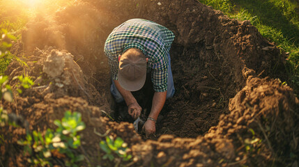 Man digging a hole to pick up. - obrazy, fototapety, plakaty