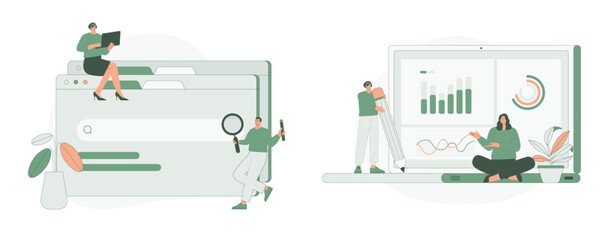 Seo and Marketing Data Analytics. Web Landing Page Design. Flat Cartoon Vector Illustration.