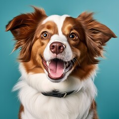 Happy smiling dog sticking out tongue, cute pet looking at camera, isolated blue background