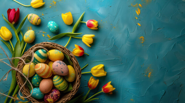 Easter colourful eggs and tulips on a colourful background, top view
