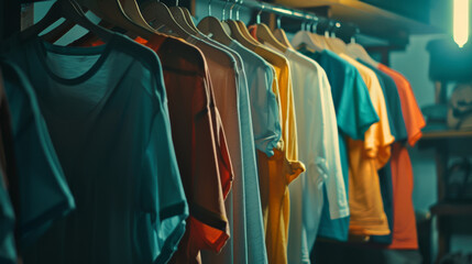 Obraz premium A collection of colorful t-shirts on hangers, arranged in a dimly lit boutique.