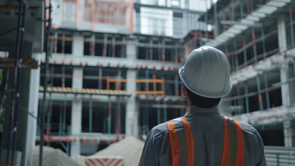 Construction overseer gazes at the evolving skyline, embodying progress and diligence.