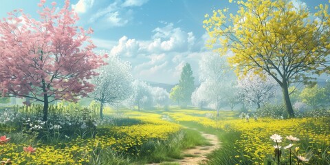 Spring Scene with Trees in the Field, in the Style of Digital Illustration Delicate Flowers Charm - Yellow and Aquamarine Nature Landscape Background created with Generative AI Technology