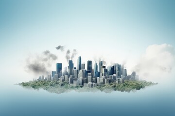 Surreal cityscape with greenery and smoke, symbolizing climate change. Urban Jungle - Climate Change Concept