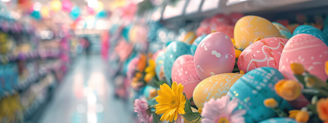 Fototapeta na wymiar Easter Decoration Eggs, Flowers, Bunnies, and Flowers in Shopping Mall Displayed on Store Shelves in a mall with a blurred background