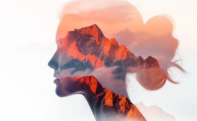 Nature's Reflection: Woman's Face in Sunset Mountains. Double Exposure.