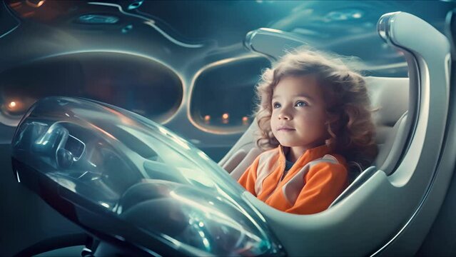 Child in self-driving car controlled by an artificial intelligence autopilot. Concept of future technologies, internet of things and smart devices.