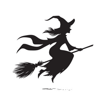 Eerie Halloween Witch Flying Silhouette Ensemble - Crafting a Nocturnal Tale with Halloween Flying Witch Illustration and Halloween Witch Flying on Broomstick Vector
