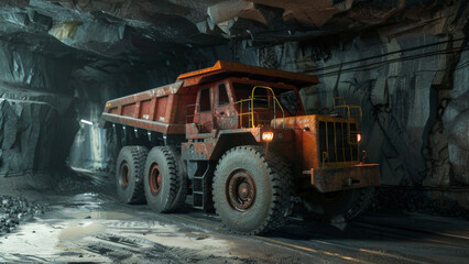 Fototapeta na wymiar Massive mining truck in an underground illuminated mine.