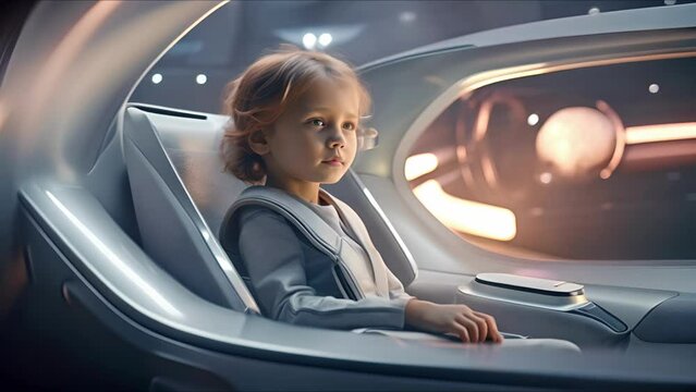 Child in self-driving car controlled by an artificial intelligence autopilot. Concept of future technologies, internet of things and smart devices.